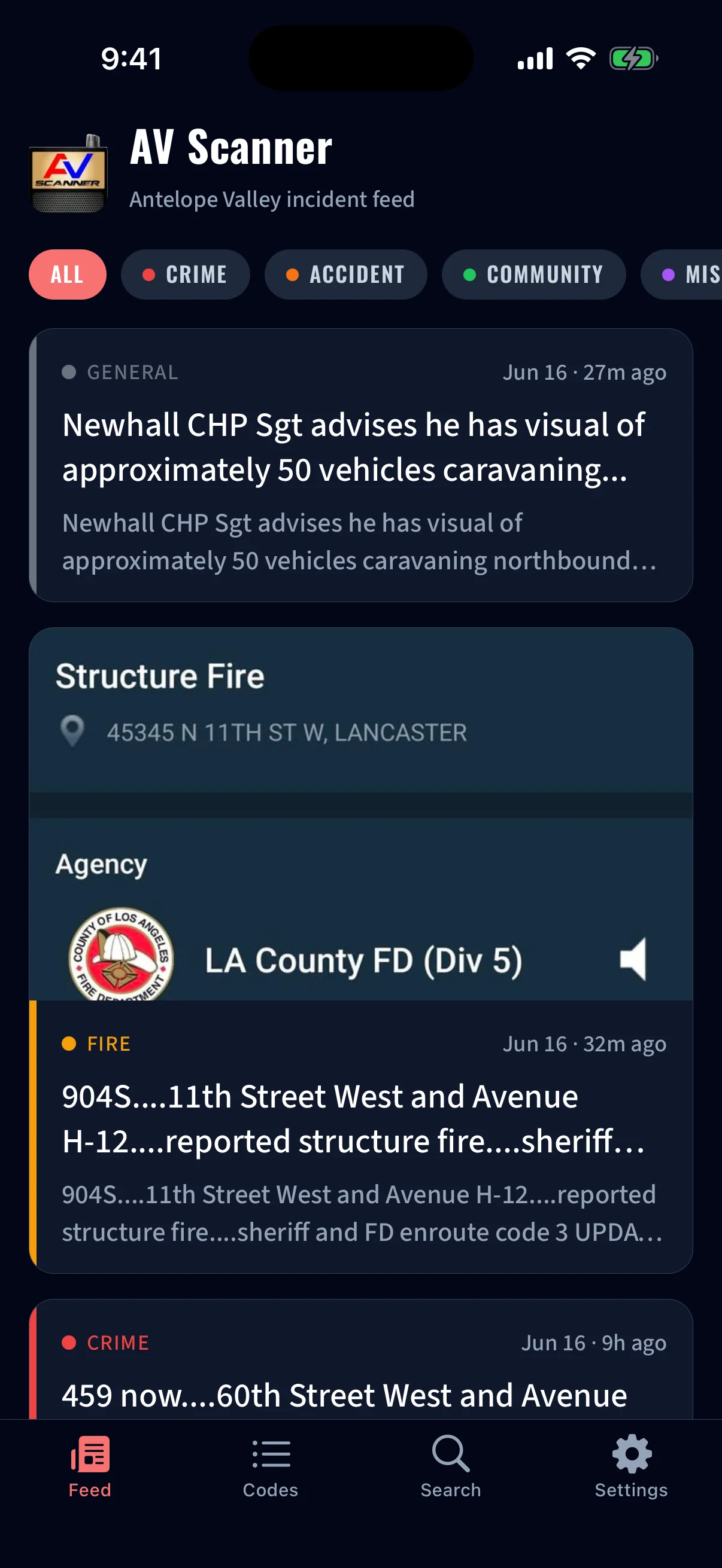 Mobile app (iPhone & Android) — the live incident feed with one-tap category filters