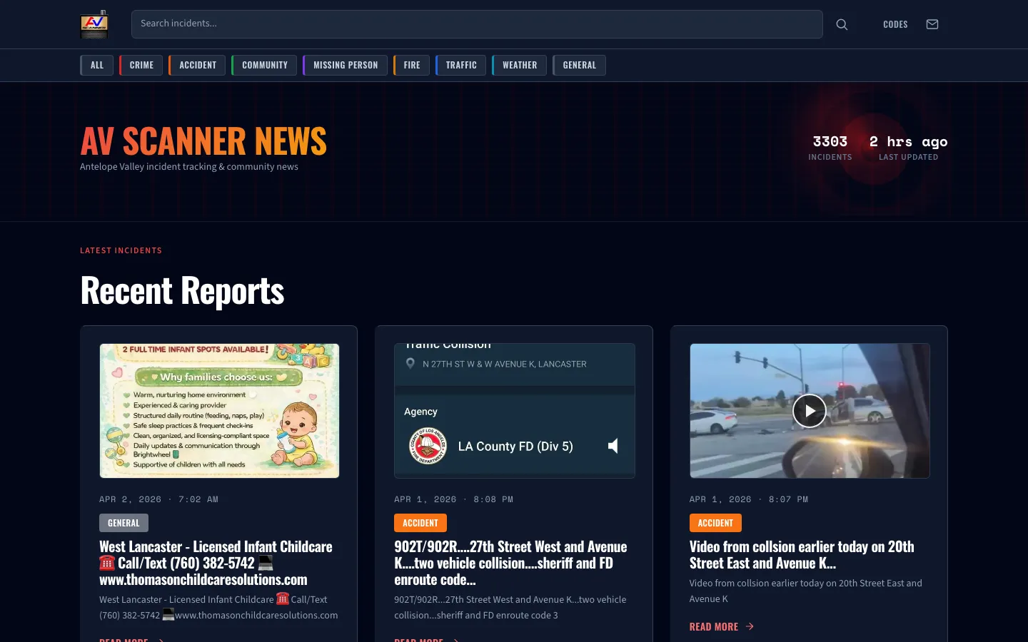 Live incident feed — real-time scanner alerts with category filtering and emergency contacts