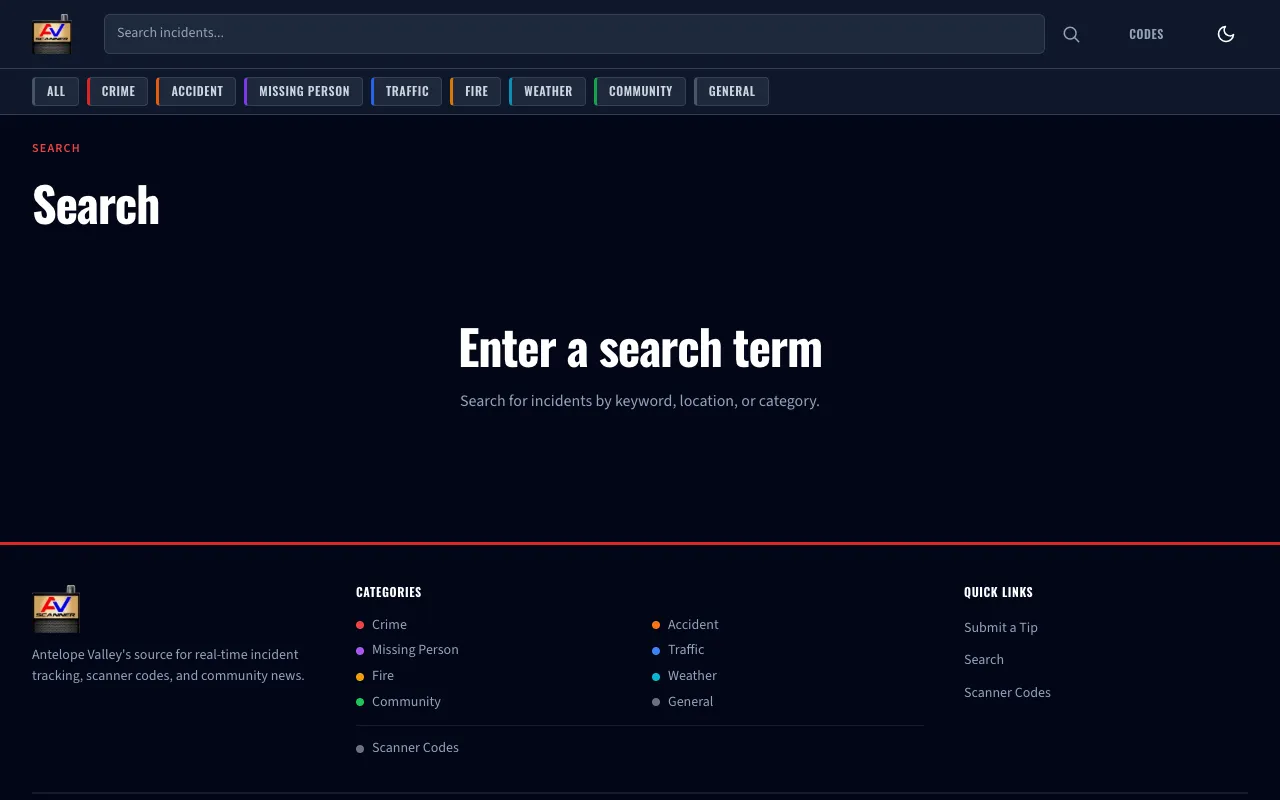 Full-text search across all incidents with date and category filtering