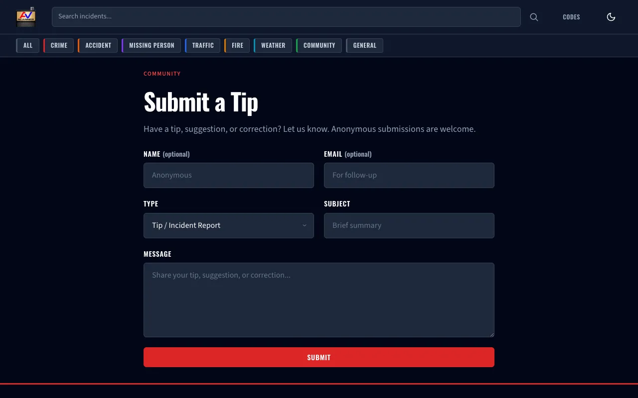Community tip submission — residents report incidents with photo upload support