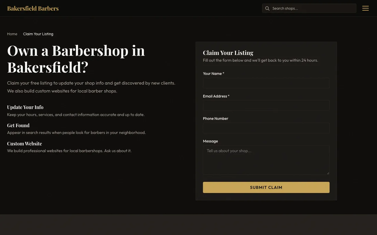 Business claim flow — shop owners verify and manage their listing