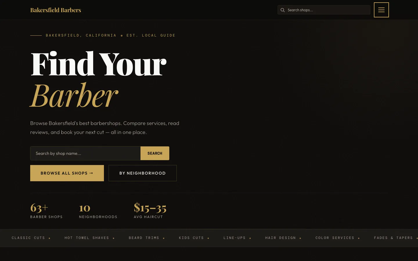Homepage — hero search, neighborhood grid, and featured shops