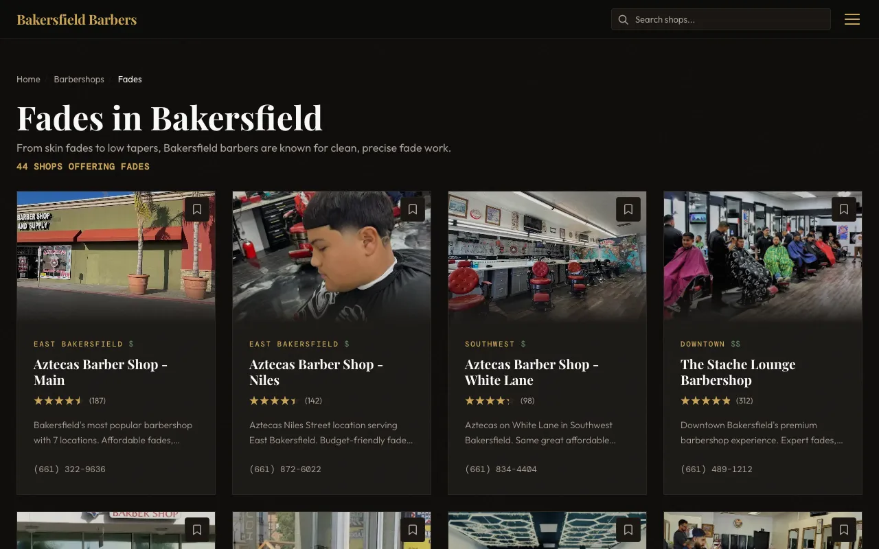 Service page grouping shops by specialty for long-tail keyword targeting