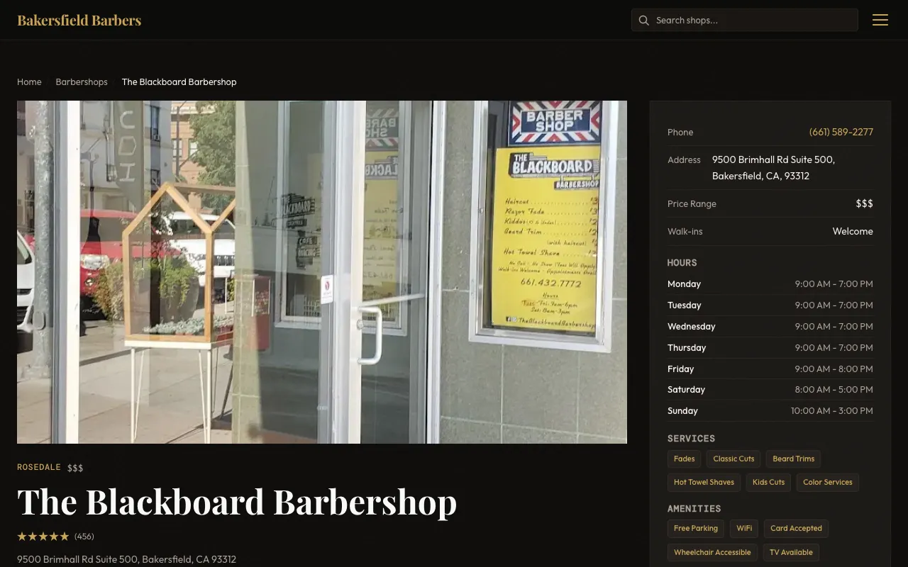 Individual shop page with services, hours, photos, and reviews