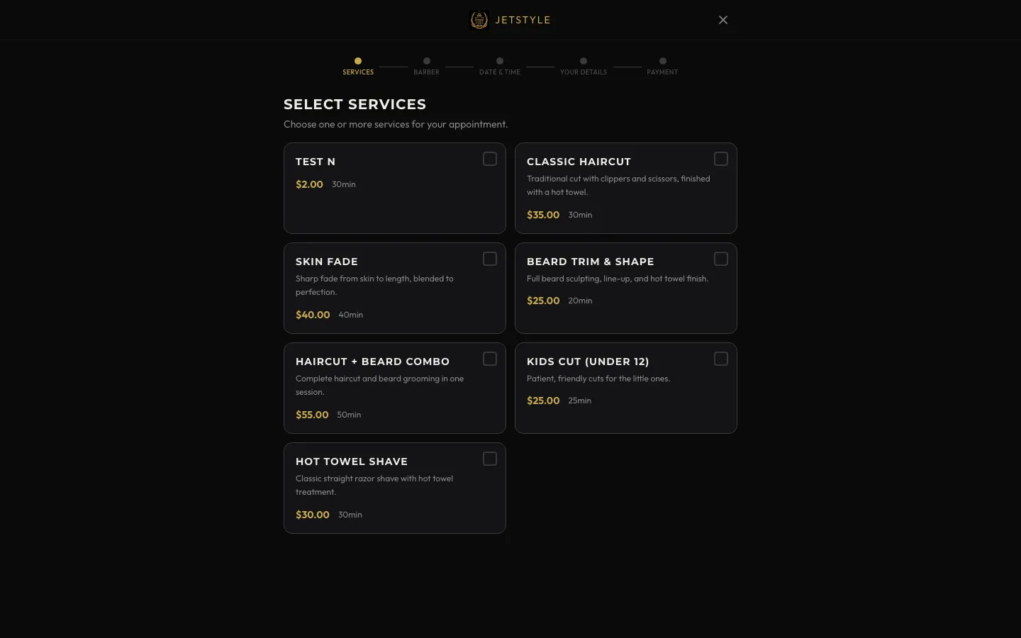 Booking flow — service selection with prices and duration