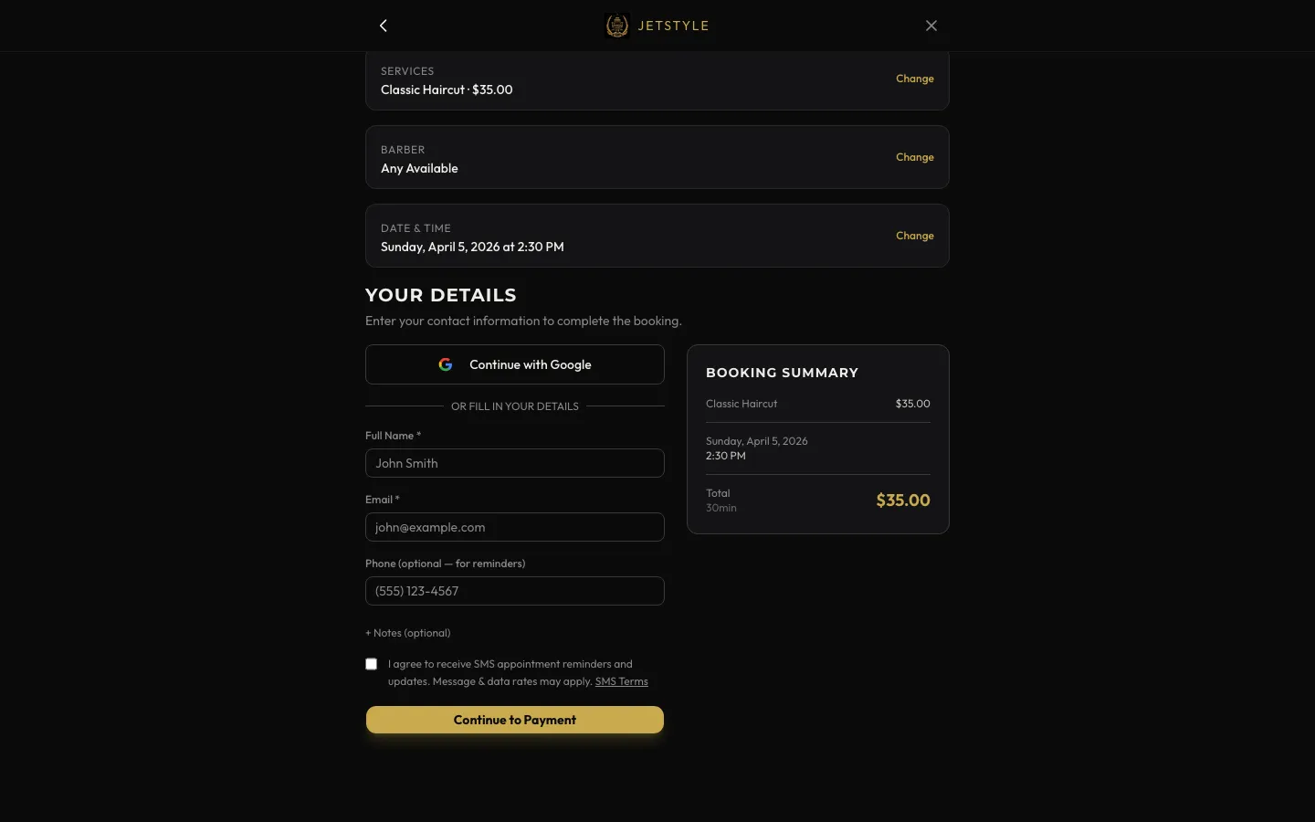 Booking confirmation — order summary with contact details and payment CTA