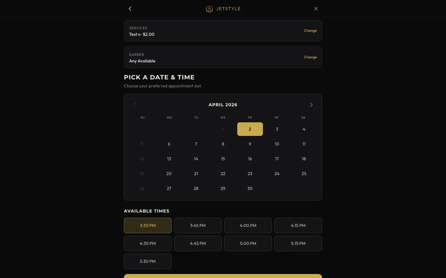 Date & time picker — real-time availability with smart slot calculation