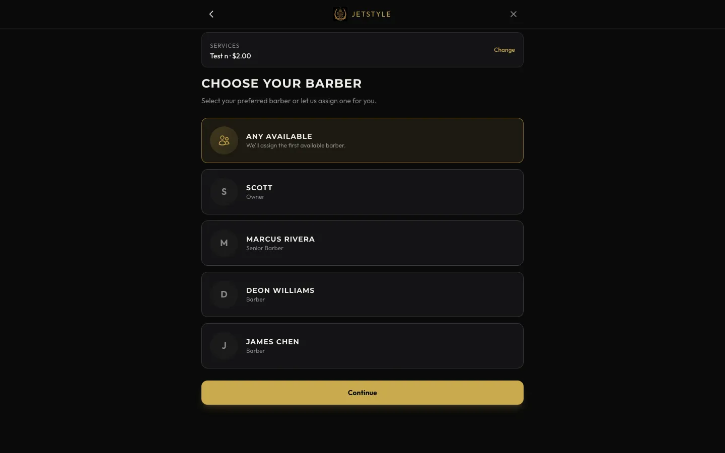 Barber selection — choose your preferred barber or any available