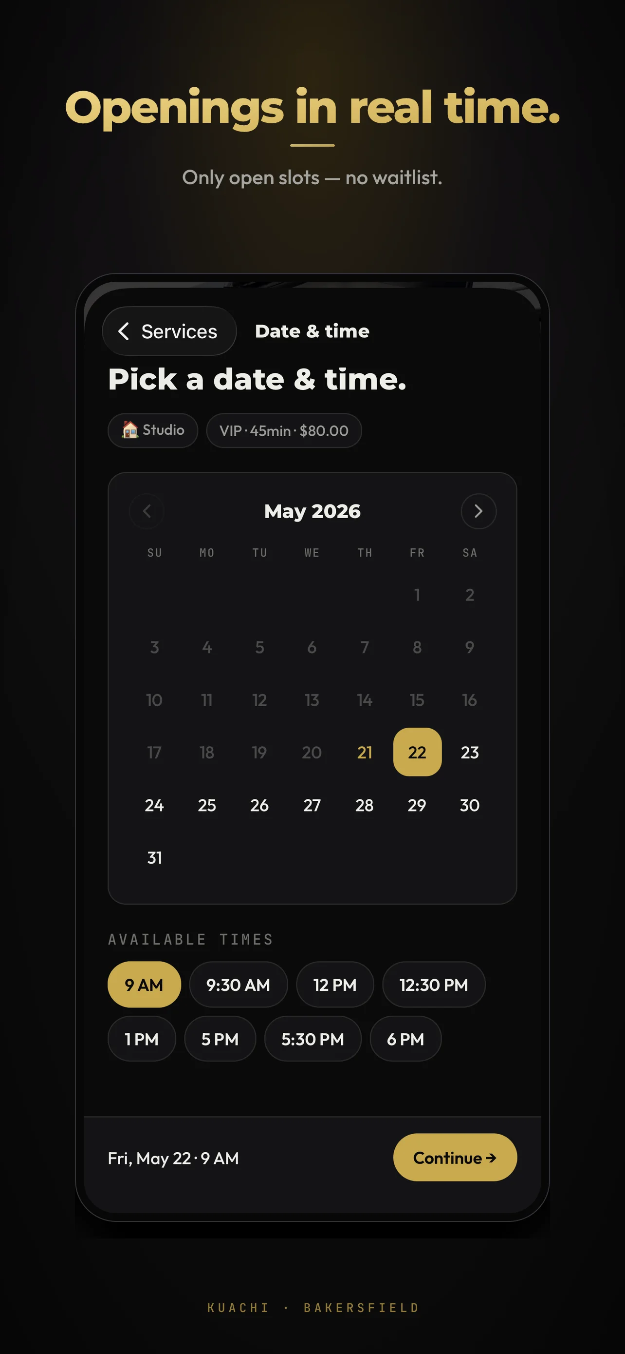 Booking step 3 — real openings to choose from, no waitlist
