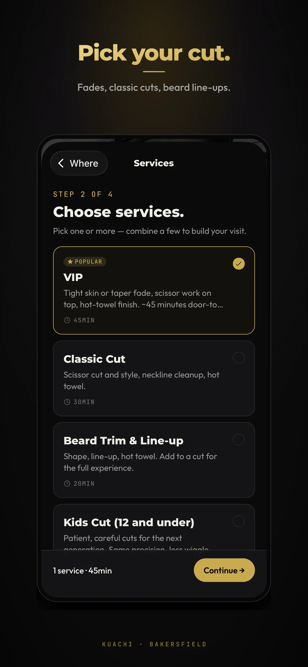 Booking step 2 — pick from VIP, classic cuts, beard line-ups, and kids' cuts
