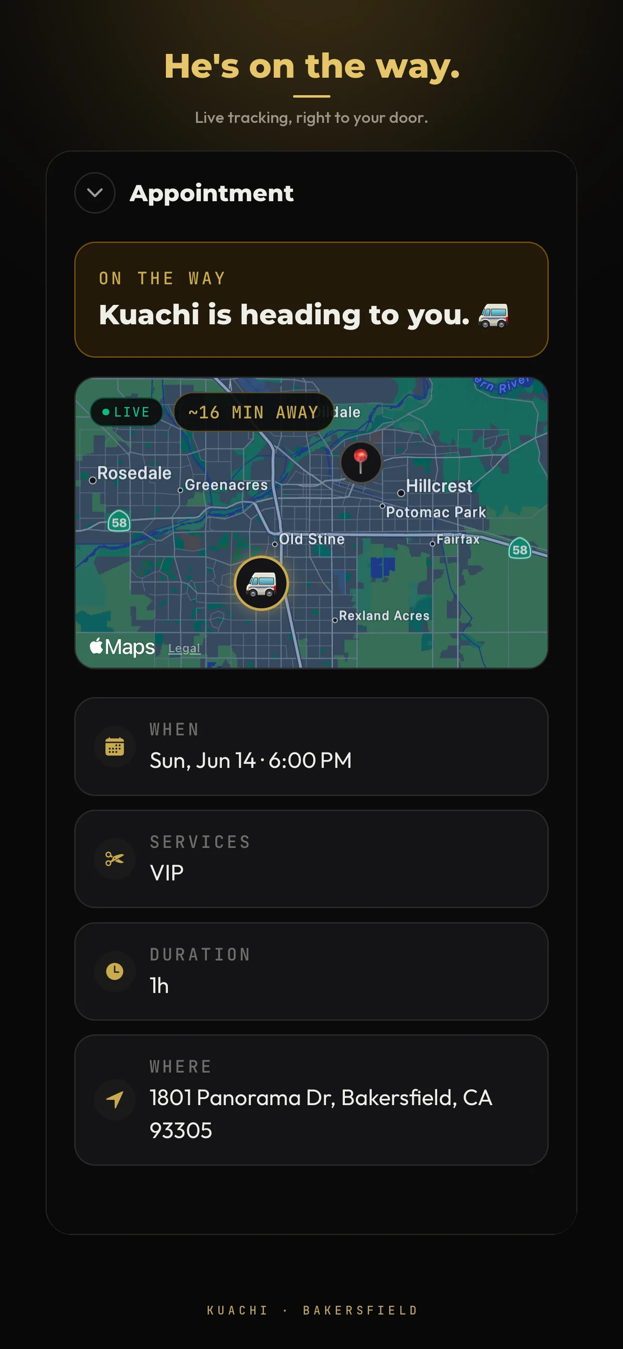 Live tracking — customers watch their barber approach in real time