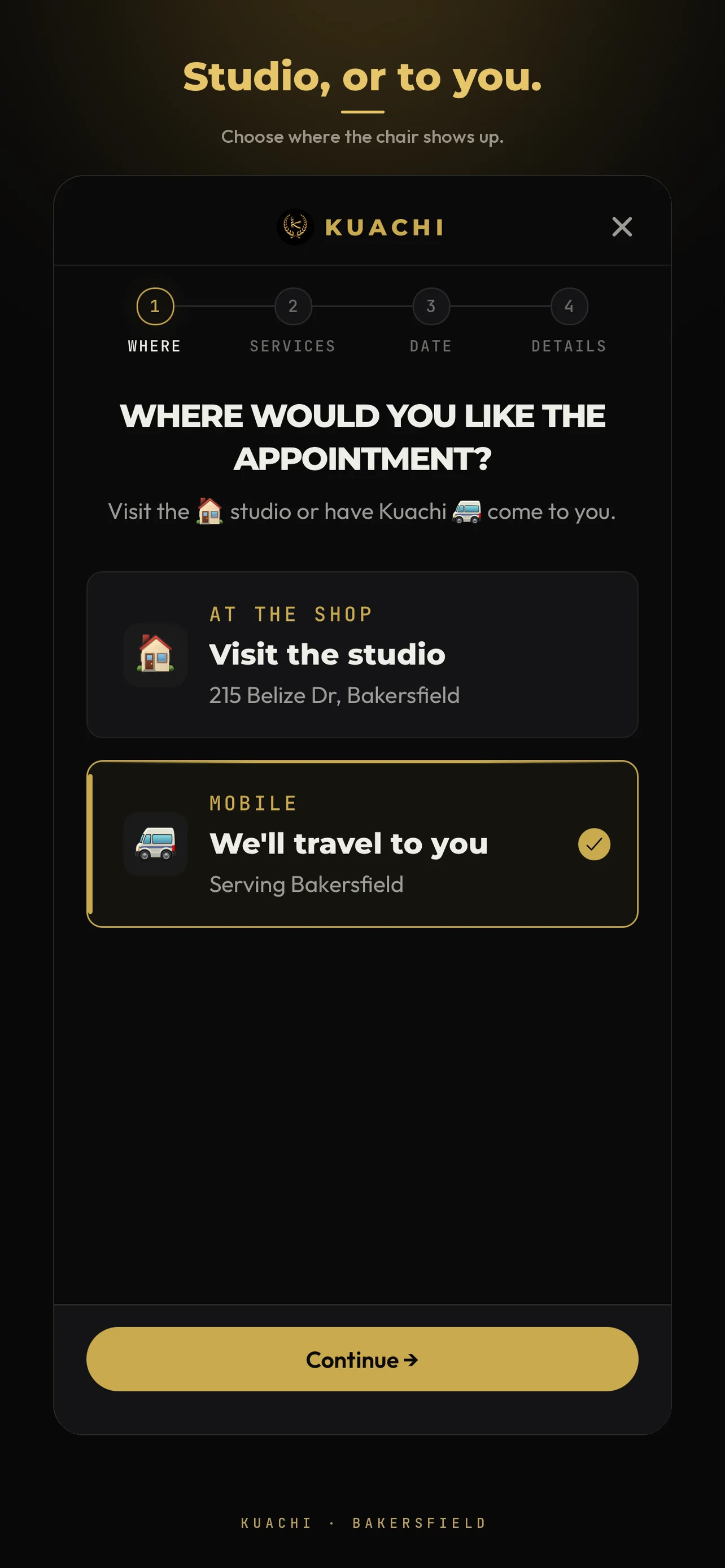 Booking step 1 — visit the studio or request a house call