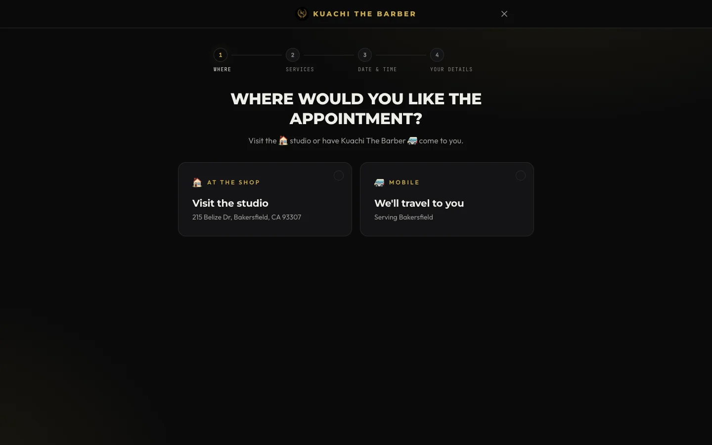 Booking on the web — choose the studio or have Kuachi come to you