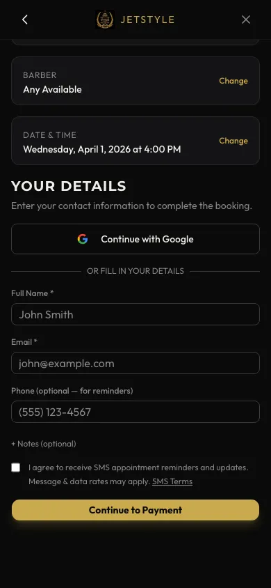 Mobile booking — contact details with Google sign-in and SMS opt-in